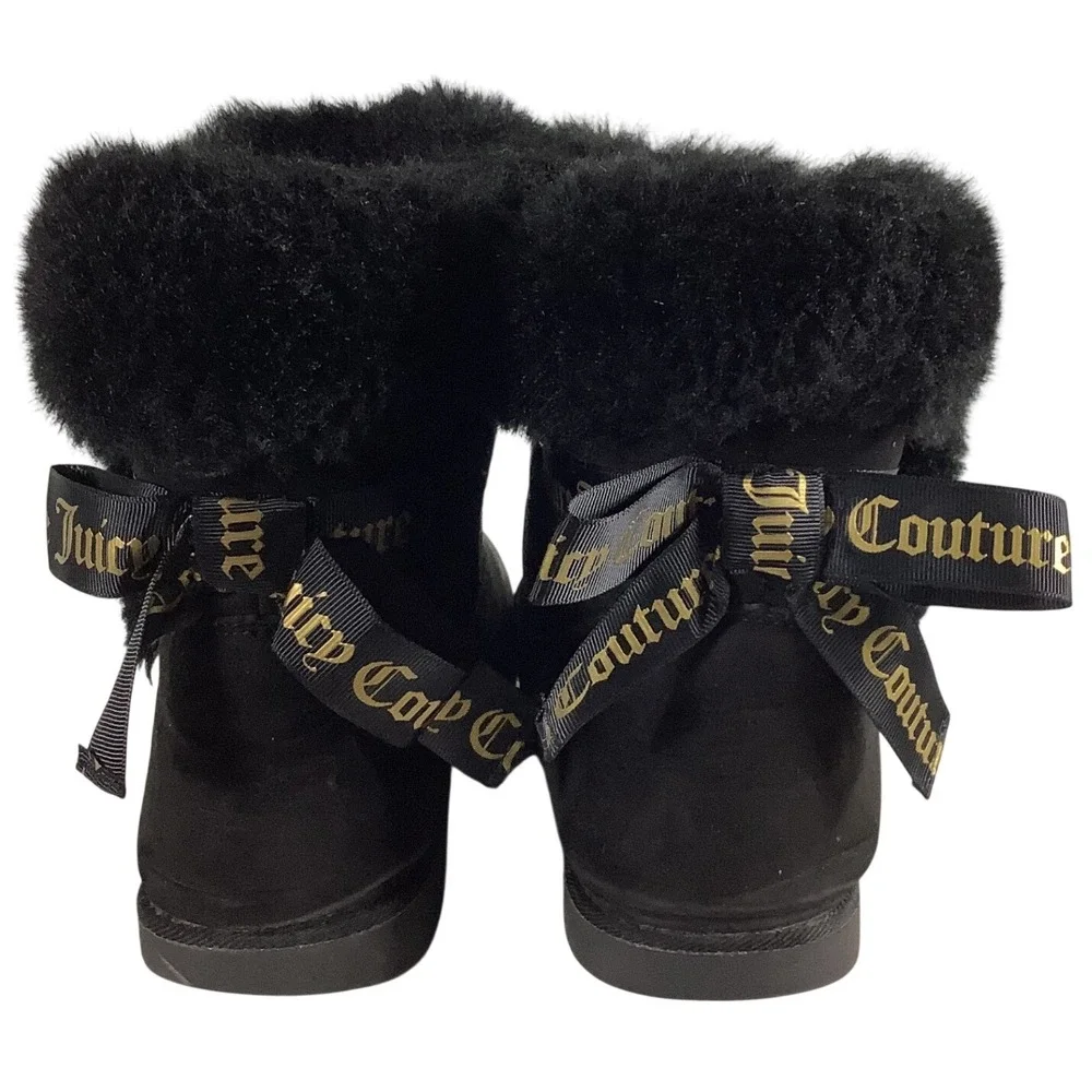 Juicy Couture Womens Black Faux Suede Fur Trim Bow Winter Boots Size 9